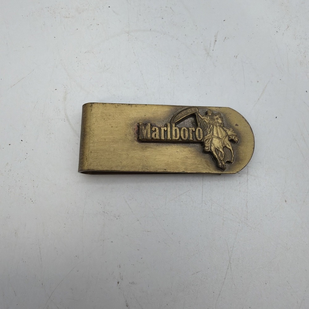 Vintage Marlboro Brass Tone Money Clip Cowboy Western Horse Tobacco Collectible
